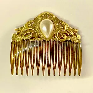 Vintage 1928 gold faux pearl hair comb 1980-90s 3 inch wide barrette - Picture 1 of 6