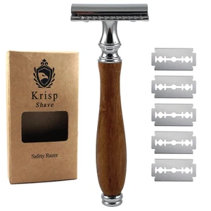LONG WOODEN HANDLE DOUBLE EDGE SAFETY RAZOR FOR MEN BEARD WET SHAVE + 10 BLADES - Picture 1 of 6