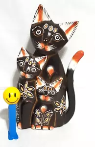Wood Cat Trio Mom Kittens Hand Carved Painted Bali Henna Dark White Accents Folk - Picture 1 of 9