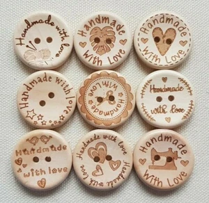 LUXURY WOODEN HANDMADE WITH LOVE BUTTONS - 20mm, 30mm, HEART, SEWING, KNIT, UK - Picture 1 of 24