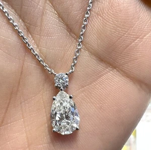 IGI 2.20CT Lab Grown Pear & Round Diamond Chain Necklace In W. Gold - Picture 1 of 11