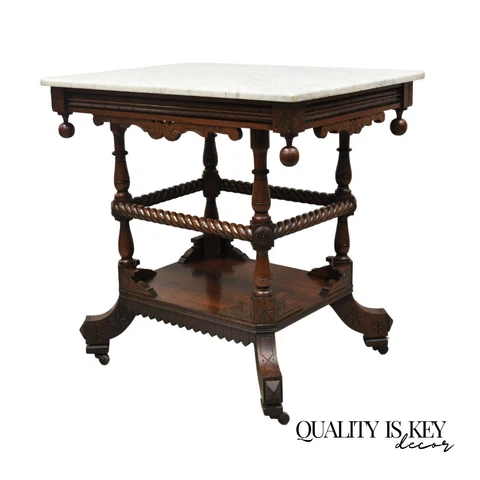 Antique Eastlake Victorian Spiral Carved Walnut Marble Top Two Tier Parlor Table Cover