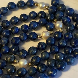 Necklace Lapis Lazuli Akoya Pearl 14k Gold 36” Endless Strand Quality Stones - Picture 1 of 24