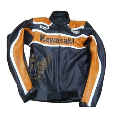 Chaqueta de motociclista de carreras hecha a mano de cuero genuino Kawasaki naranja negra de dos tonos para hombre Foto 1 de 4