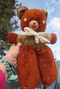 VINTAGE RUBBER FACE PLUSH TEDDY BEAR RED BROWN BEIGE BUTTON EYES 195OS TOY 14" - Picture 1 of 24