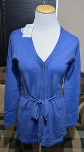 NWT Talbots Womens Petites Merino Wool Button Front Belted Cardigan Blue Sz P - Picture 1 of 17