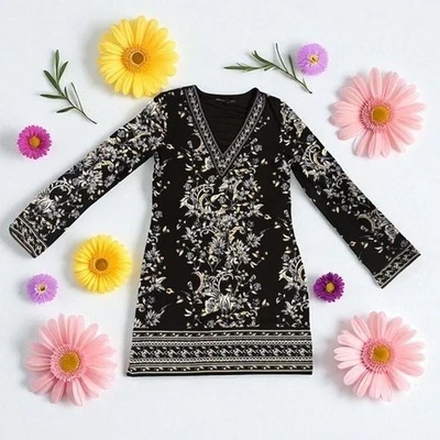 White House Black Market Black and White Long Sleeve Sundress - Image 1 of 4