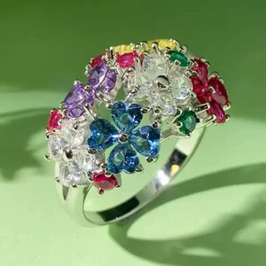 5 Ctw Heart Created Multicolor Wedding Flower Cluster Ring 14K White Gold Plated - Picture 1 of 7