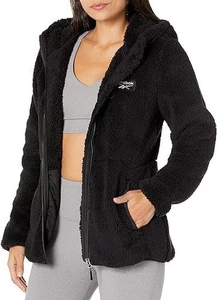 Reebok giacca donna cappotto M pelliccia sintetica con cappuccio zip intera manica lunga nero $150 NUOVO - Foto 1 di 9