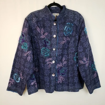 Coldwater Creek Jacket 2X Blue Cotton Batik Purple Floral Embroidery Art To Wear - Image 1 of 4