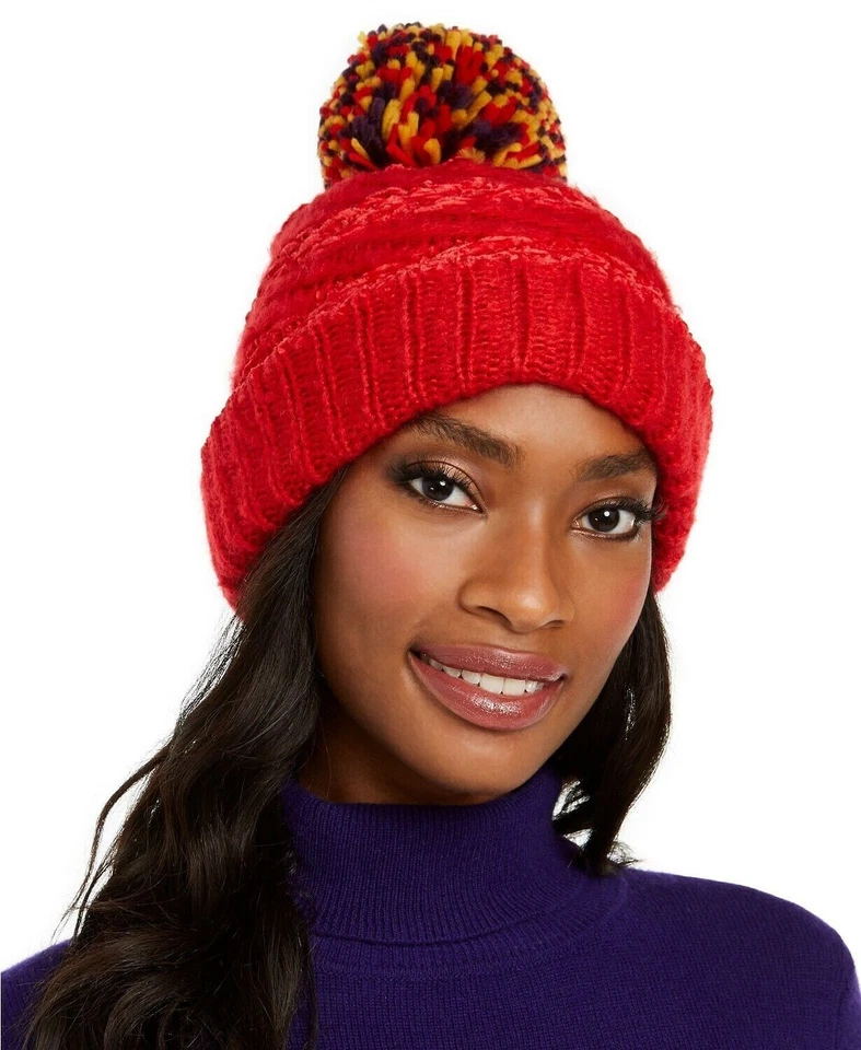 Inc International Concepts Women's Red Chenille Striped Pom Beanie Hat