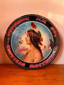 Antique Mexican Moctezuma's Daughter Superior XX Obscura Sol beer tin tray 40's - Picture 1 of 9