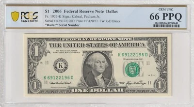 $1 2006 FRN Fr# 1933-K KD Block PCGS UNC 66 PPQ Dallas Radar Serial # - Image 1 of 2