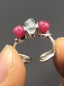 Fine Silver Handcrafted Ear Cuffs Genuine Aquamarine + Ruby E3 - Picture 1 of 5