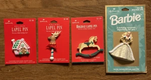 (4) Vtg Hallmark Christmas Lapel Pins Barbie Reindeer Gingerbread House Lot #8 - Picture 1 of 12