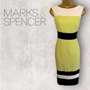 Marks & Spencer Damen Limette Schwarz Weiß Colour Block Leinen Bleistiftkleid UK 8 - Bild 1 von 4