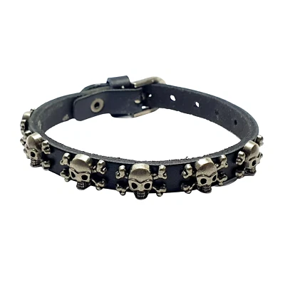 Skull Bracelet Wristband Real Leather Cuff Skull Crossbones Jewellery Bracelet - Image 1 of 4