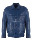Men's Bomber Leather Jacket Blue Waxed Classic Collar Blouson Retro Style Jacket
