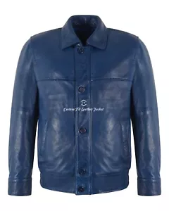 Herren Bomber Lederjacke Blau Gewachst Klassischer Kragen Blouson Retro Style Jacke - Bild 1 von 9