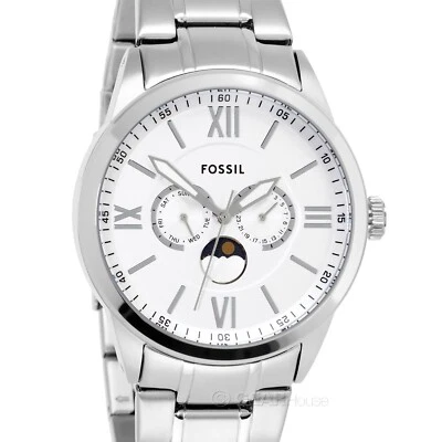 Мужские многофункциональные часы OSSIL Flynn белый циферблат день дата луна солнце серебристая сталь - Изображение 1 из 4