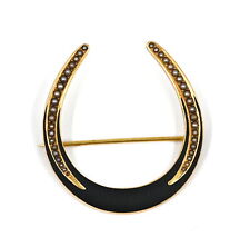 ANTIQUE VICTORIAN SEED PEARL NAMEL HORSESHOE MOURNING BROOCH PIN 14K YELLOW GOLD