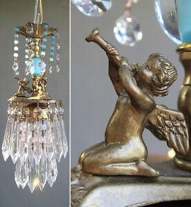 Vintage Chandelier swag Lamp Cherub trumpet crystal prism brass blue Glass beads