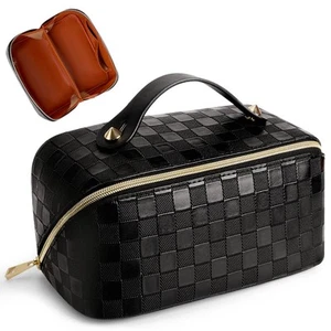 Large Capacity Travel Cosmetic Bag Plaid Checkered Makeup Bag Portable Leathe... - Picture 1 of 9