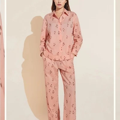 Eberjey Organic Sandwashed CottonPrinted Long PJ Set Animal Spot Rose Sz S NEW - Image 1 of 4
