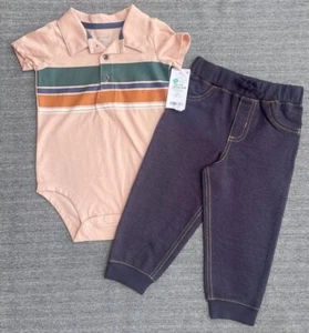 Carter's NWT Baby Boy 18M 2-Piece Outfit Short Sleeve Bodysuit Blue Knit Pants - Picture 1 of 9