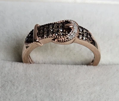 Champagne & White Diamond Buckle Ring in RG Vermeil Over Sterling, 0.25 ctw Sz 8 - Image 1 of 4