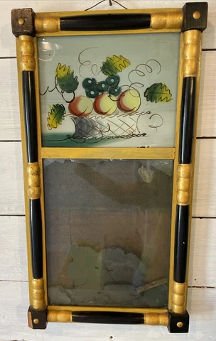 Antique Federal Style Framed Eglomise Reverse Painting Fruit  Mirror ~ Needs TLC Cover