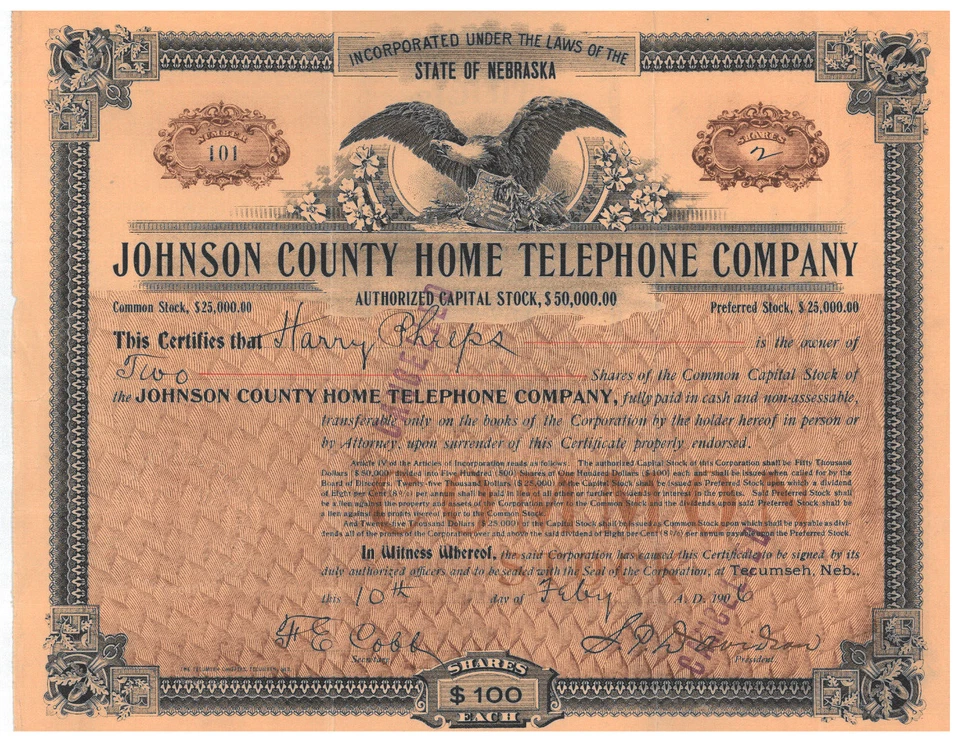 Johnson County Home Telephone Company 1906 Tecumseh Nebraska certificado de acciones Foto 1 de 1