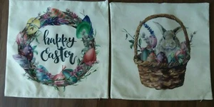 Easter Pillow Covers 17x17" Set of 2 Bunny Eggs Decor Burlap Cottagecore NWOT - Picture 1 of 3
