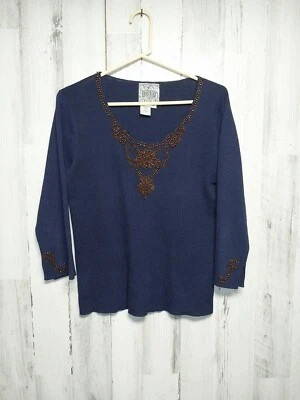 Suéter Curio para mujer pequeño azul con cuentas manga 3/4 Foto 1 de 4