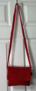The SAK Red Crochet Lined Purse Crossbody Strap ~6"x7"~Foldover/Zip Closure EUC - Picture 1 of 15