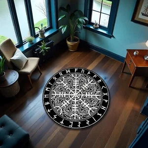 Viking Compass Rug Vegvisir Symbol Carpet Black White Norse Nordic Room Decor - Picture 1 of 3