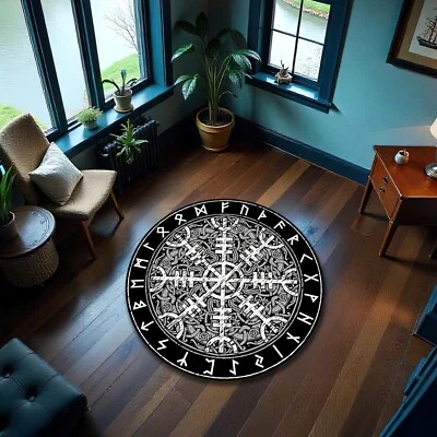 Viking Compass Rug Vegvisir Symbol Carpet Black White Norse Nordic Room Decor - Image 1 of 3