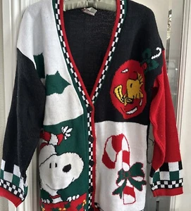 Vintage Snoopy & Friends by Bill Ditfort Christmas Acrylic Cardigan Size Medium - Picture 1 of 6