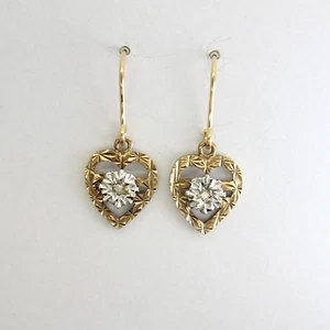 9ct Gold Diamond Heart Drop Earrings - Picture 1 of 5