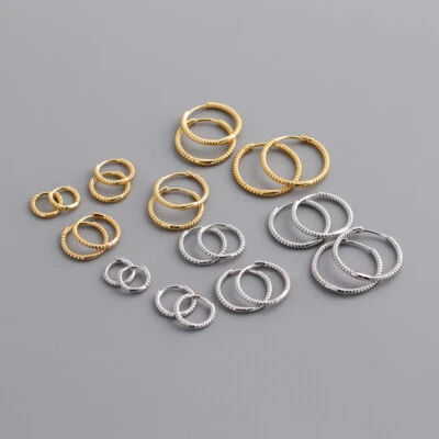 9CT Gold Sleeper Hoop Earrings Sterling Silver Twisted Huggie Earring 6-13mm x2 - Image 1 of 4