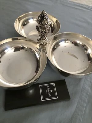 CHRISTOFLE -Ancien serviteur  apéritif- 3 coupelles  METAL ARGENTE art déco - Photo 1/4