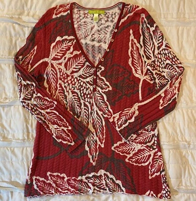 Sigrid Olsen Top Mujer Medio Rojo Botánico Suéter Tejido Henley Túnica Larga Slv Foto 1 de 4