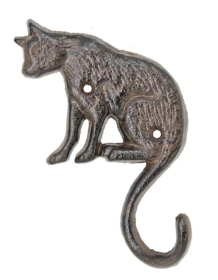 Cat Wall Hook Key Holder Cast Iron Coats Towels Cap 6" High Rustic Brown - Image 1 of 2