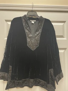 Nygard Collection Brown Velvet Velour Split Collar Sequin Trim Tunic Womens 0X - Picture 1 of 7