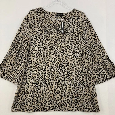 Blusa New Directions talla XL marrón leopardo elástica torcida frontal manga acampanada nueva con etiquetas Foto 1 de 4