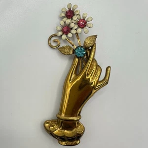 Brosche Coro signiert Vintage goldfarben handhaltend Emaille Strass Blumen - Bild 1 von 9