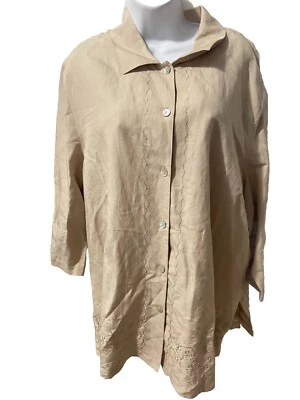 Laura Scott Shirt Plus Women Linen Short Sleeve, Embroidered, beige,Size26W#25 - Image 1 of 4