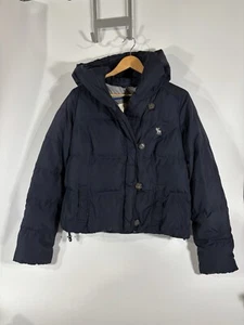 Abercrombie Fitch Women’s Sz L Down Puffer Coat Blue Quilted Winter Hood Jacket - Picture 1 of 15