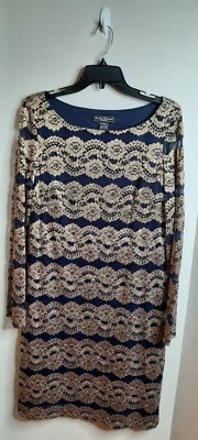 Платье-футляр Jessica Howard Evenings с длинным рукавом размер 16 темно-синее золотистое кружевное коктейльное - Изображение 1 из 4