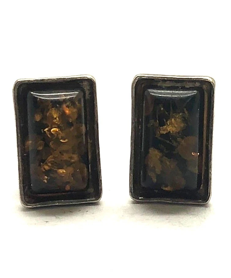 Sterling Silver Vintage Oxidized Rectangle Cabochon Baltic Amber Stud Earrings - Image 1 of 3